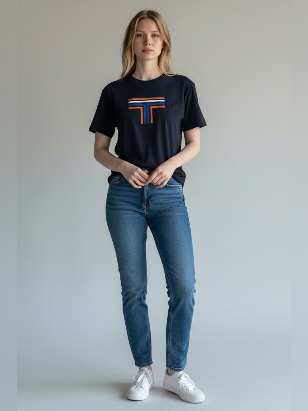 Tory Burch Navy Tee with Orange, Blue & White Stripe Graphic Women’s XL